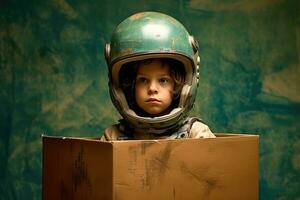 ai generado un joven niño vistiendo un espacio casco, dentro un cartulina caja foto