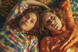 AI generated Red-haired women laying on a bed with colorful pillows photo