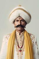 ai generado elegante indio hombre vistiendo tradicional ropa y un negrita Bigote foto