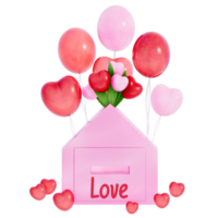 Valentin boites aux lettres avec cœur ballon bouquet sur une transparent arrière-plan, 3d le rendu png