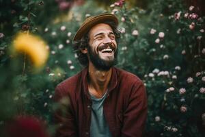 AI generated A Young Man with a Hat is Smiling and Laughing in a Flower-filled Field photo