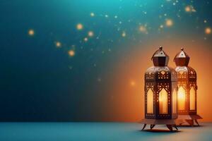 Eid mubarak and ramadan kareem greetings with islamic lantern and mosque. Eid al fitr background. Eid al fitr background of window concept by AI Generated photo
