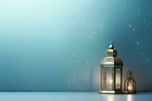 Eid mubarak and ramadan kareem greetings with islamic lantern and mosque. Eid al fitr background. Eid al fitr background of window concept by AI Generated photo