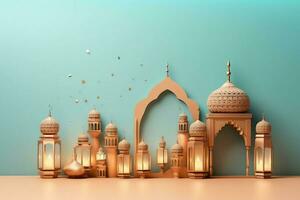Eid mubarak and ramadan kareem greetings with islamic lantern and mosque. Eid al fitr background. Eid al fitr background of window concept by AI Generated photo