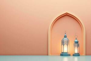 Eid mubarak and ramadan kareem greetings with islamic lantern and mosque. Eid al fitr background. Eid al fitr background of window concept by AI Generated photo
