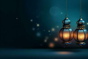 Eid mubarak and ramadan kareem greetings with islamic lantern and mosque. Eid al fitr background. Eid al fitr background of window concept by AI Generated photo