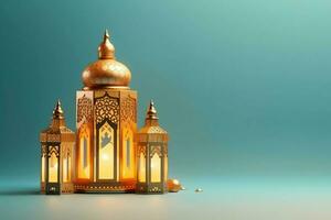 Eid mubarak and ramadan kareem greetings with islamic lantern and mosque. Eid al fitr background. Eid al fitr background of window concept by AI Generated photo