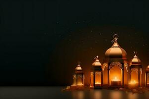 Eid mubarak and ramadan kareem greetings with islamic lantern and mosque. Eid al fitr background. Eid al fitr background of window concept by AI Generated photo