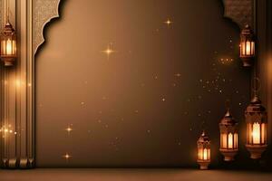 Eid mubarak and ramadan kareem greetings with islamic lantern and mosque. Eid al fitr background. Eid al fitr background of window concept by AI Generated photo