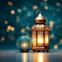 Eid mubarak and ramadan kareem greetings with islamic lantern and mosque. Eid al fitr background. Eid al fitr background of window concept by AI Generated photo