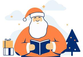 Santa Claus with a book, Christmas tree, gifts. Flat vector illustration.