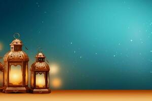 Eid mubarak and ramadan kareem greetings with islamic lantern and mosque. Eid al fitr background. Eid al fitr background of window concept by AI Generated photo