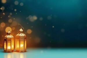 Eid mubarak and ramadan kareem greetings with islamic lantern and mosque. Eid al fitr background. Eid al fitr background of window concept by AI Generated photo