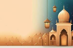 Eid mubarak and ramadan kareem greetings with islamic lantern and mosque. Eid al fitr background. Eid al fitr background of window concept by AI Generated photo