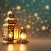 Eid mubarak and ramadan kareem greetings with islamic lantern and mosque. Eid al fitr background. Eid al fitr background of window concept by AI Generated photo