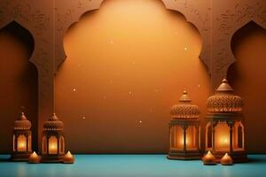 Eid mubarak and ramadan kareem greetings with islamic lantern and mosque. Eid al fitr background. Eid al fitr background of window concept by AI Generated photo