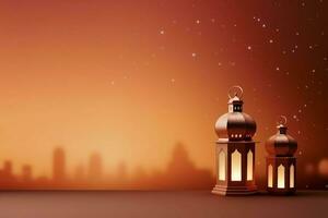 Eid mubarak and ramadan kareem greetings with islamic lantern and mosque. Eid al fitr background. Eid al fitr background of window concept by AI Generated photo
