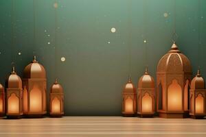 Eid mubarak and ramadan kareem greetings with islamic lantern and mosque. Eid al fitr background. Eid al fitr background of window concept by AI Generated photo