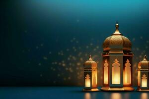 Eid mubarak and ramadan kareem greetings with islamic lantern and mosque. Eid al fitr background. Eid al fitr background of window concept by AI Generated photo