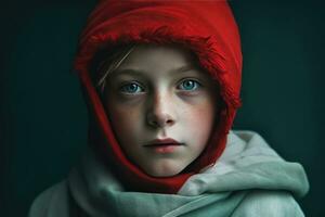 ai generado un joven niña con grande ojos, vistiendo un rojo capucha y un bufanda foto