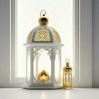 Eid mubarak and ramadan kareem greetings with islamic lantern and mosque. Eid al fitr background. Eid al fitr background of window concept by AI Generated photo