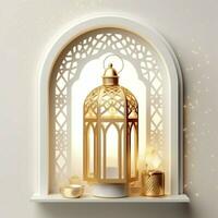 Eid mubarak and ramadan kareem greetings with islamic lantern and mosque. Eid al fitr background. Eid al fitr background of window concept by AI Generated photo