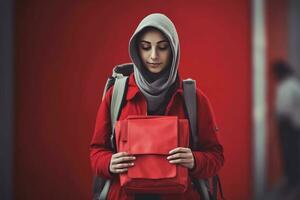 AI generated A woman wearing a hijab and holding a red bag photo