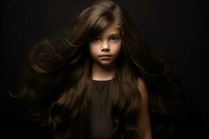 ai generado el encantador belleza de un pequeño niña con largo, oscuro pelo foto