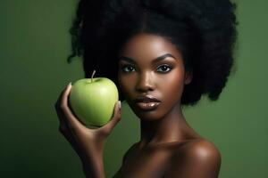 AI generated Beautiful Woman Holding a Fresh Apple photo