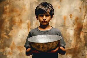 AI generated A Young Boy Holding an Empty Metal Bowl photo