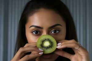 AI generated Beautiful woman holding a kiwi close to her nose photo