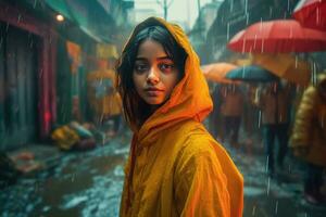 AI generated A Portrait of a woman in an orange raincoat standing in the rain photo
