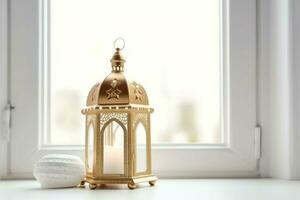 Eid mubarak and ramadan kareem greetings with islamic lantern and mosque. Eid al fitr background. Eid al fitr background of window concept by AI Generated photo