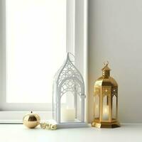 Eid mubarak and ramadan kareem greetings with islamic lantern and mosque. Eid al fitr background. Eid al fitr background of window concept by AI Generated photo