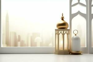 Eid mubarak and ramadan kareem greetings with islamic lantern and mosque. Eid al fitr background. Eid al fitr background of window concept by AI Generated photo