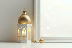 Eid mubarak and ramadan kareem greetings with islamic lantern and mosque. Eid al fitr background. Eid al fitr background of window concept by AI Generated photo