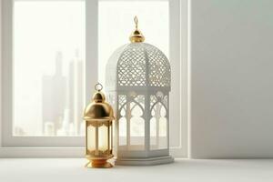 Eid mubarak and ramadan kareem greetings with islamic lantern and mosque. Eid al fitr background. Eid al fitr background of window concept by AI Generated photo