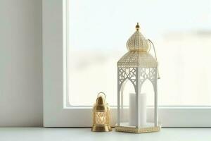 Eid mubarak and ramadan kareem greetings with islamic lantern and mosque. Eid al fitr background. Eid al fitr background of window concept by AI Generated photo
