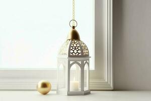 Eid mubarak and ramadan kareem greetings with islamic lantern and mosque. Eid al fitr background. Eid al fitr background of window concept by AI Generated photo