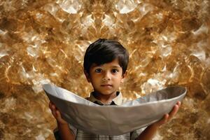 AI generated A Little Boy Holds a Big Plate - Conceptual Image photo