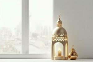 Eid mubarak and ramadan kareem greetings with islamic lantern and mosque. Eid al fitr background. Eid al fitr background of window concept by AI Generated photo