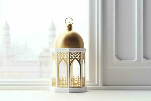 Eid mubarak and ramadan kareem greetings with islamic lantern and mosque. Eid al fitr background. Eid al fitr background of window concept by AI Generated photo