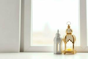 Eid mubarak and ramadan kareem greetings with islamic lantern and mosque. Eid al fitr background. Eid al fitr background of window concept by AI Generated photo