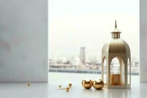 Eid mubarak and ramadan kareem greetings with islamic lantern and mosque. Eid al fitr background. Eid al fitr background of window concept by AI Generated photo