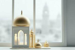 Eid mubarak and ramadan kareem greetings with islamic lantern and mosque. Eid al fitr background. Eid al fitr background of window concept by AI Generated photo