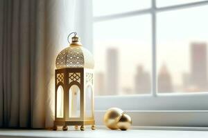 Eid mubarak and ramadan kareem greetings with islamic lantern and mosque. Eid al fitr background. Eid al fitr background of window concept by AI Generated photo