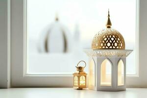 Eid mubarak and ramadan kareem greetings with islamic lantern and mosque. Eid al fitr background. Eid al fitr background of window concept by AI Generated photo