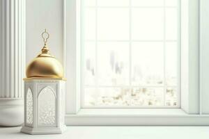 Eid mubarak and ramadan kareem greetings with islamic lantern and mosque. Eid al fitr background. Eid al fitr background of window concept by AI Generated photo