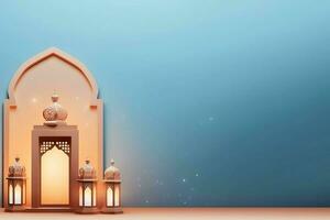 eid Mubarak y Ramadán kareem saludos con islámico linterna y mezquita. eid Alabama fitr antecedentes. eid Alabama fitr antecedentes de ventana concepto por ai generado foto