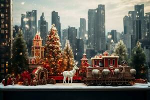 ai generado Navidad restaurante decoración cerca el ventana con vista a el noche metrópoli foto